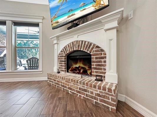 interior details featuring wood finished floors, a fireplace, and baseboards