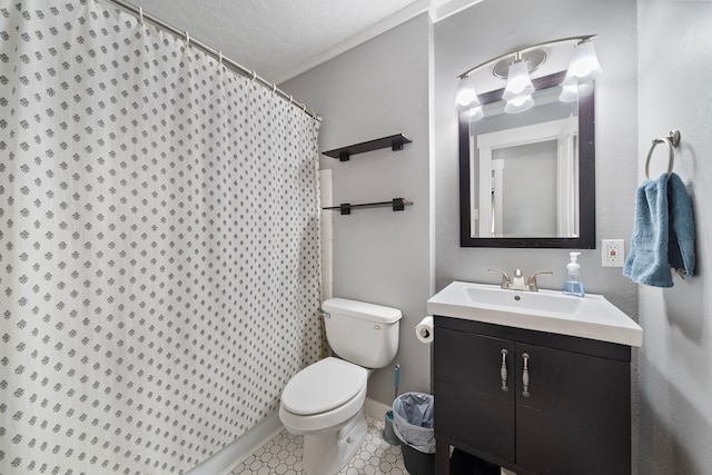 bathroom with vanity, tile patterned floors, toilet, and a shower with curtain