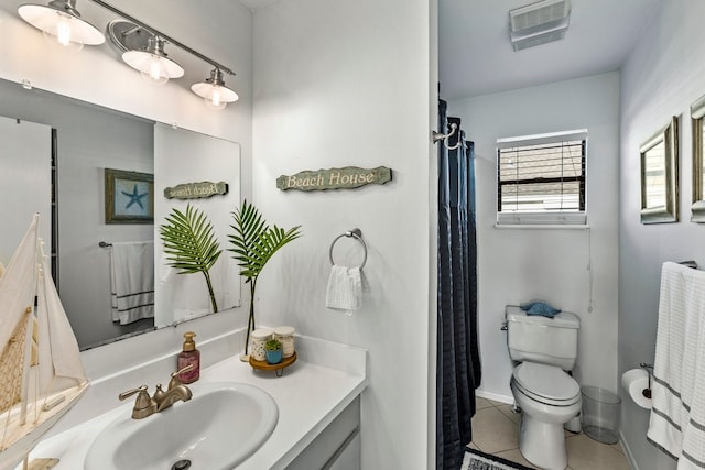 bathroom with tile patterned floors, visible vents, toilet, curtained shower, and vanity