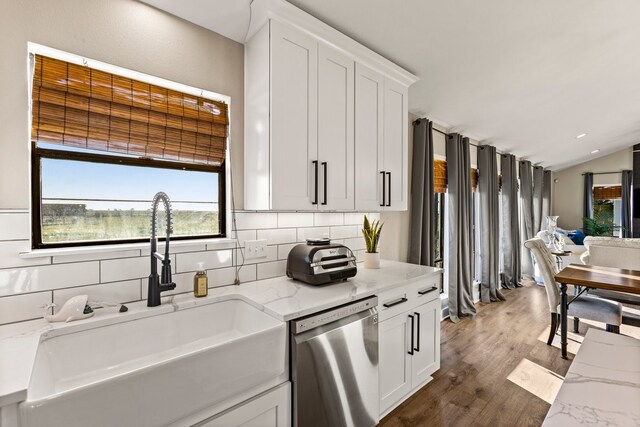 kitchen with light stone counters, wood finished floors, a sink, decorative backsplash, and stainless steel dishwasher