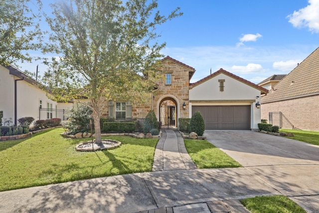 view of front of house with stucco siding, driveway, stone siding, a front yard, and an attached garage