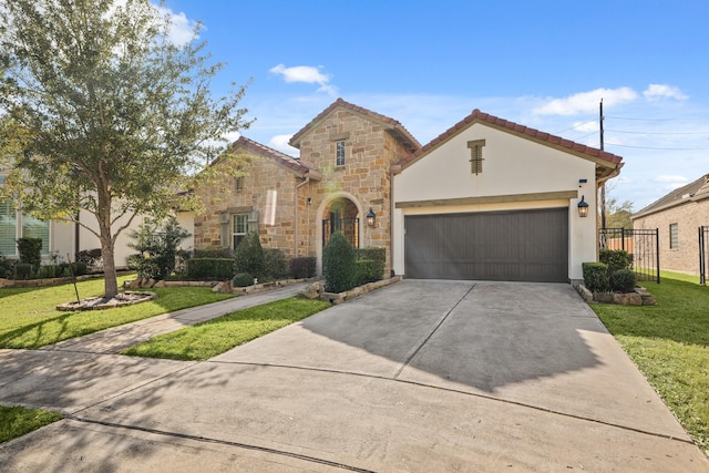 view of front of home featuring stone siding, an attached garage, concrete driveway, and a front lawn