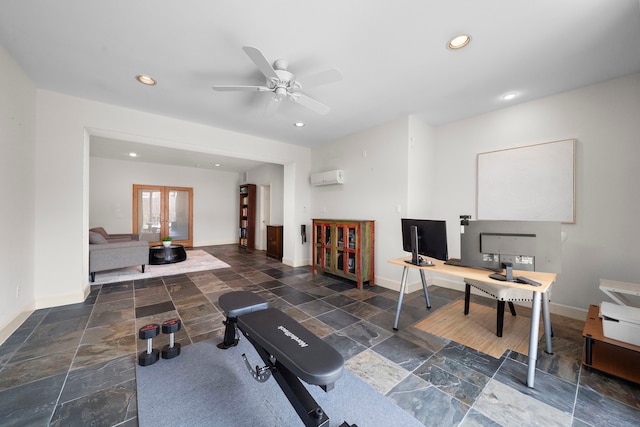 office featuring stone tile floors, baseboards, a wall mounted AC, recessed lighting, and french doors