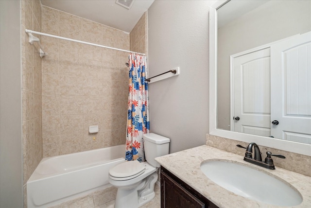 bathroom with vanity, shower / bathtub combination with curtain, visible vents, tile patterned floors, and toilet