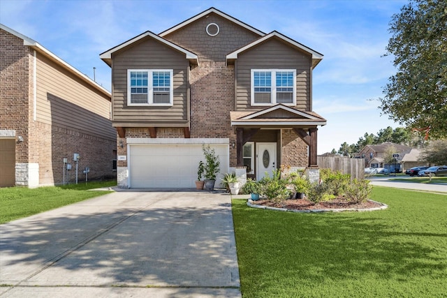 view of front of home with a garage, brick siding, concrete driveway, and a front lawn