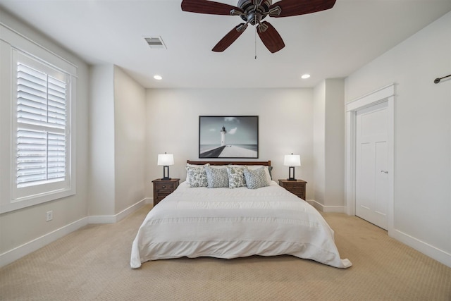 bedroom featuring visible vents, recessed lighting, a ceiling fan, and baseboards