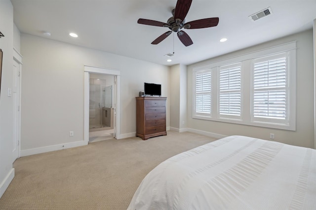 bedroom with baseboards, visible vents, carpet floors, recessed lighting, and connected bathroom