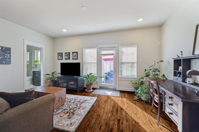 living area with recessed lighting, baseboards, and wood finished floors