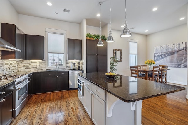 kitchen featuring dark wood-type flooring, plenty of natural light, visible vents, and appliances with stainless steel finishes