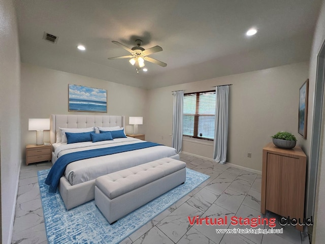 bedroom with recessed lighting, marble finish floor, visible vents, and baseboards