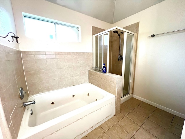 full bath with tile patterned floors, a shower stall, baseboards, and a whirlpool tub