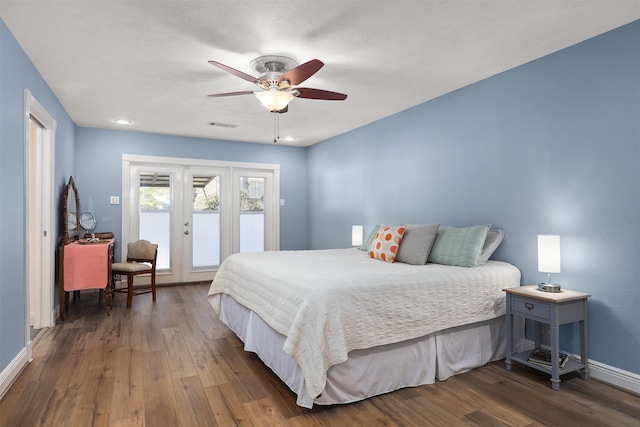 18531 Point Lookout Dr, Houston, TX 77058 - bedroom with access to exterior, french doors, baseboards, wood finished floors, and a ceiling fan