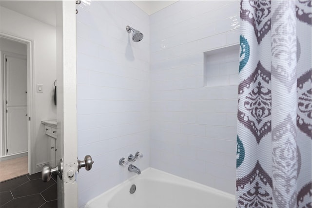 18531 Point Lookout Dr, Houston, TX 77058 - full bathroom with shower / bath combination with curtain and tile patterned flooring