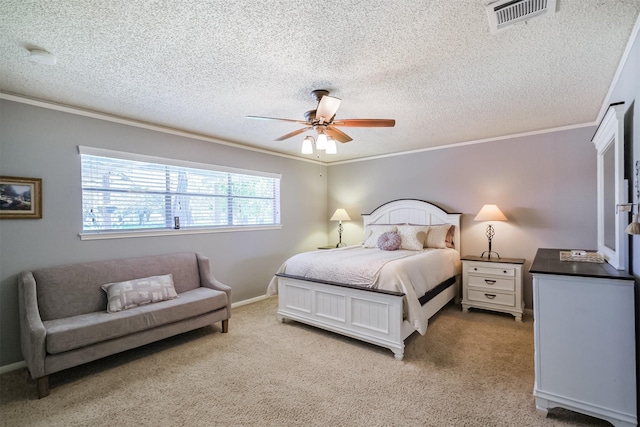 bedroom featuring visible vents, light colored carpet, and crown molding