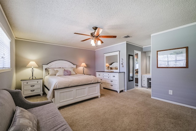 bedroom featuring light carpet, visible vents, crown molding, and baseboards