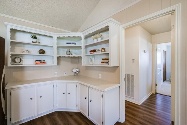 kitchen with visible vents, a textured ceiling, dark wood-style floors, and light countertops