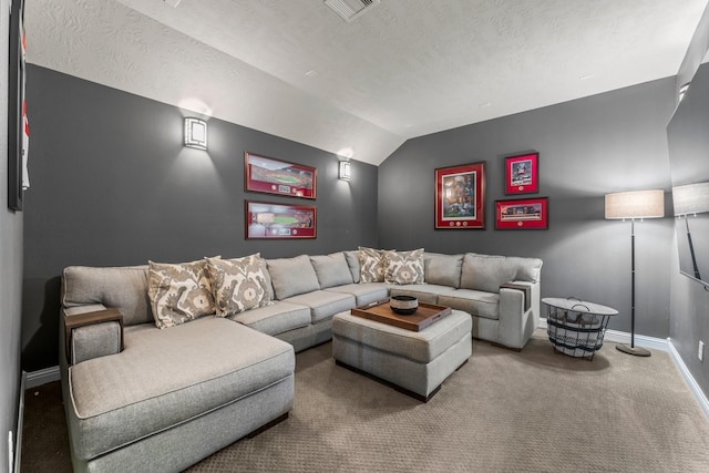 living area featuring visible vents, carpet, baseboards, vaulted ceiling, and a textured ceiling