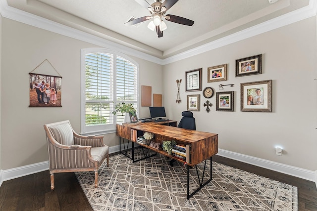 office area with ceiling fan, a tray ceiling, baseboards, and wood finished floors