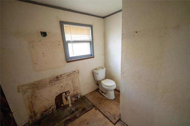 half bath with crown molding and toilet