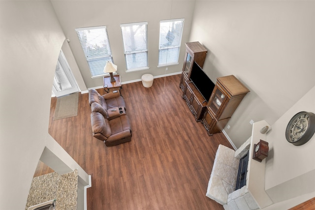 living area with baseboards and wood finished floors