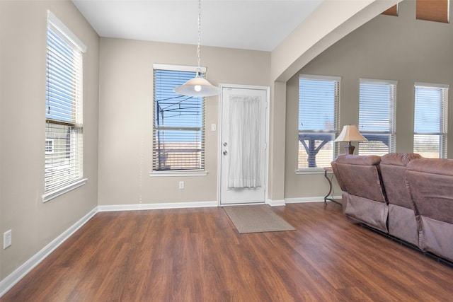 foyer entrance with baseboards, plenty of natural light, and dark wood-type flooring