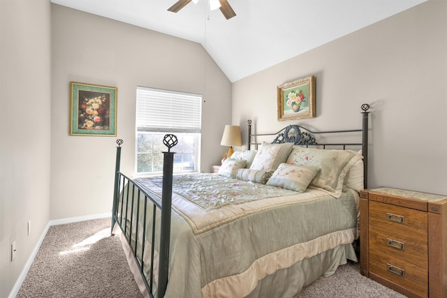 bedroom featuring lofted ceiling, carpet, baseboards, and ceiling fan