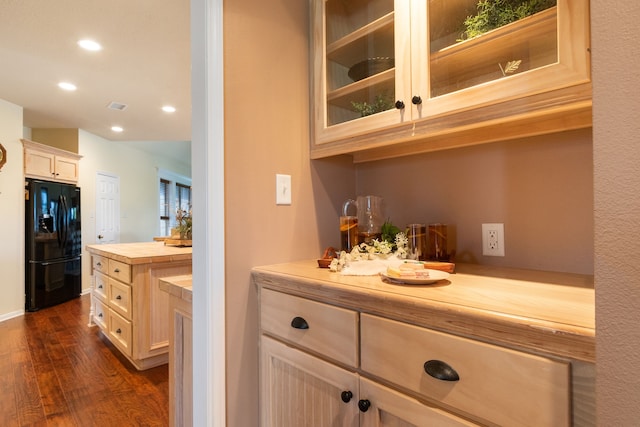 bar featuring recessed lighting, dark wood-style floors, and freestanding refrigerator