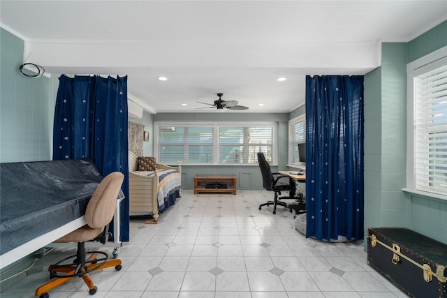 bedroom featuring recessed lighting, ornamental molding, and a ceiling fan