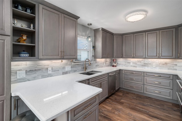 kitchen featuring a sink, open shelves, stainless steel dishwasher, dark wood-style floors, and a peninsula