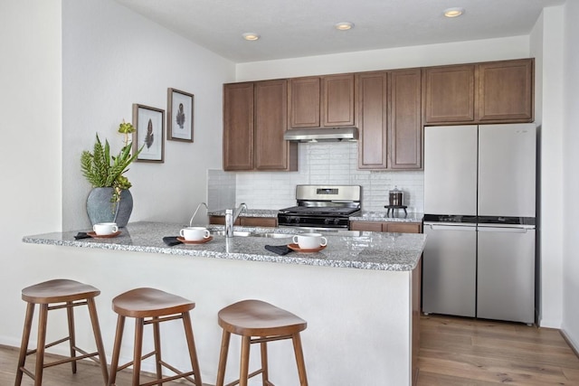 kitchen featuring under cabinet range hood, decorative backsplash, light wood finished floors, and appliances with stainless steel finishes