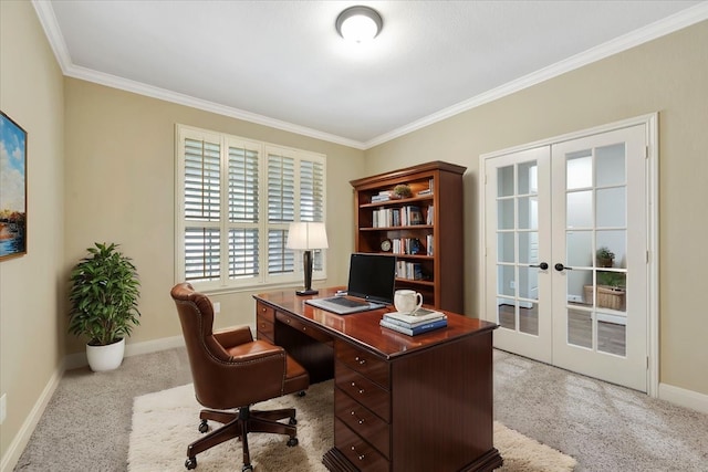 home office with french doors, carpet floors, baseboards, and ornamental molding