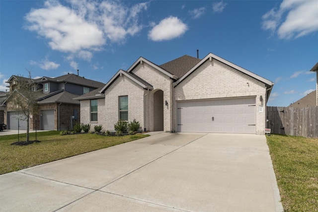 view of front facade with a front lawn, fence, concrete driveway, a garage, and brick siding