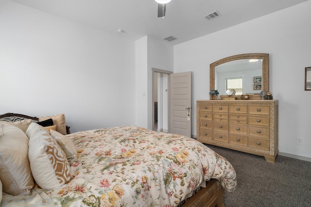 bedroom featuring visible vents, baseboards, a ceiling fan, and carpet flooring