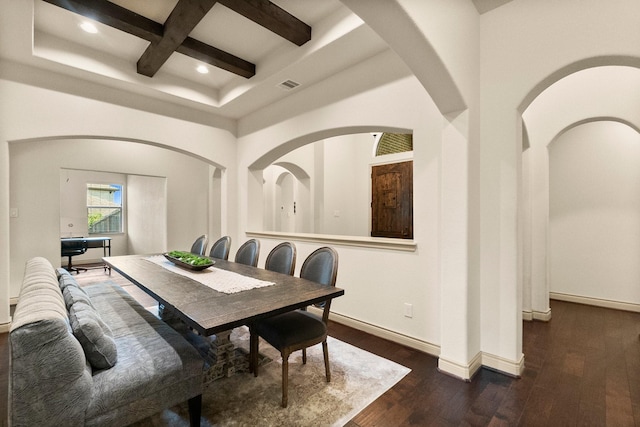 dining space with visible vents, beamed ceiling, coffered ceiling, dark wood-style floors, and baseboards