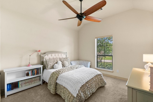 bedroom featuring visible vents, baseboards, lofted ceiling, and carpet floors