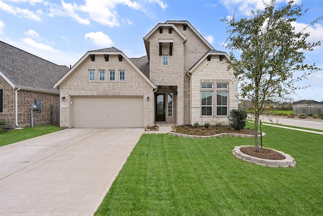 view of front of house with stone siding, a garage, concrete driveway, a front yard, and brick siding