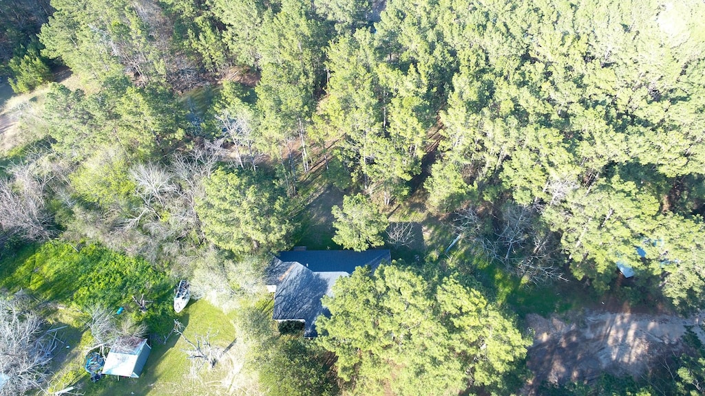 birds eye view of property with a forest view