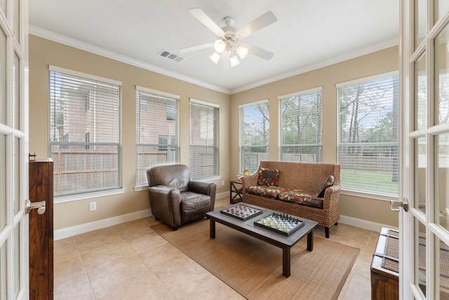 sunroom featuring a ceiling fan and visible vents