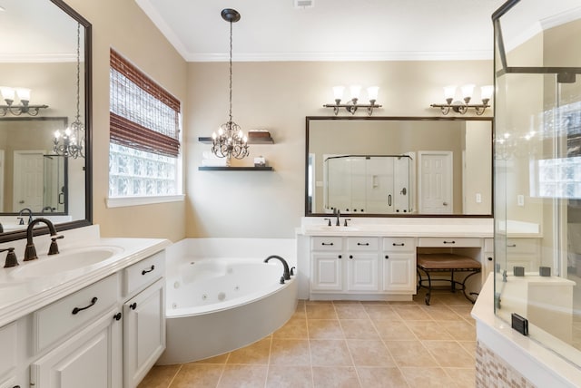 full bath with a sink, a jetted tub, a stall shower, and tile patterned floors