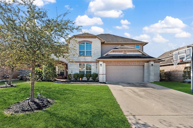 view of front facade featuring driveway, a shingled roof, a front lawn, stone siding, and brick siding