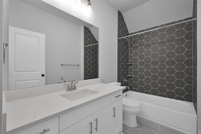 full bath with tile patterned flooring, shower / tub combination, toilet, and vanity