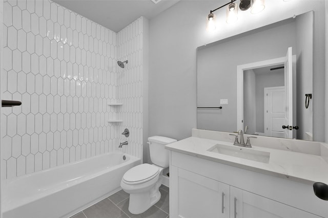 full bathroom with bathing tub / shower combination, toilet, vanity, and tile patterned flooring