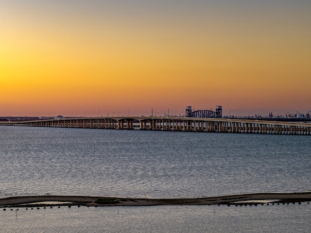 view of water feature with a pier