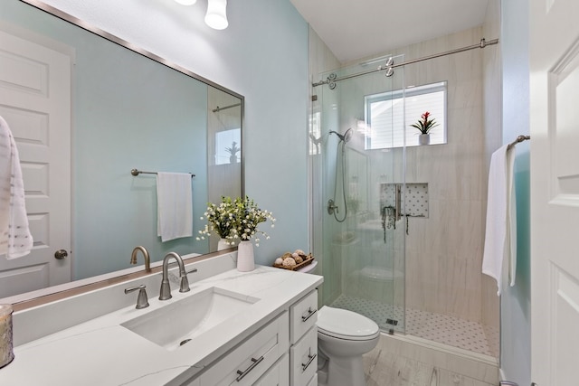 full bathroom with vanity, a shower stall, and toilet