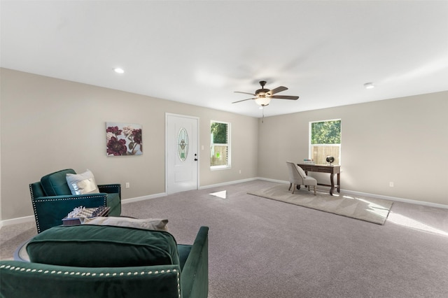 sitting room featuring recessed lighting, baseboards, carpet floors, and ceiling fan