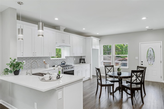 kitchen featuring dark wood-type flooring, under cabinet range hood, tasteful backsplash, light countertops, and gas range