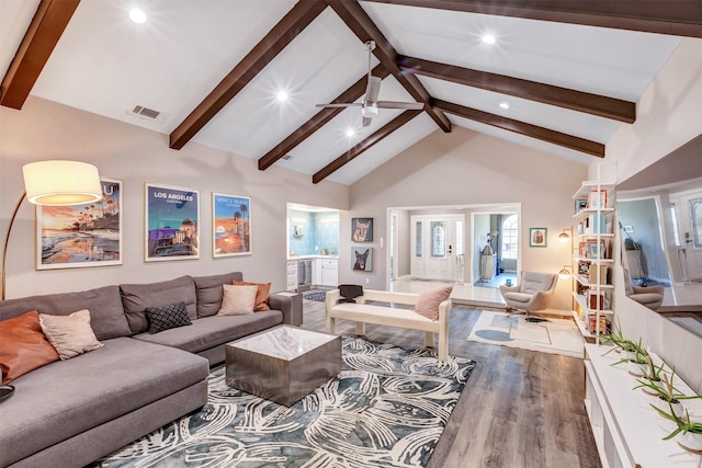 living room with visible vents, high vaulted ceiling, wood finished floors, wine cooler, and ceiling fan