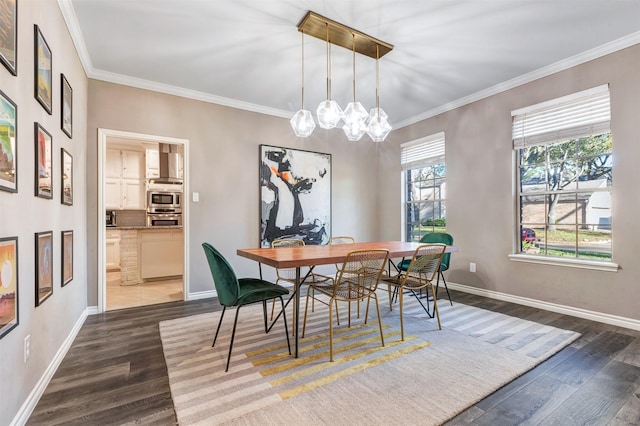 dining space with baseboards, dark wood-type flooring, and ornamental molding