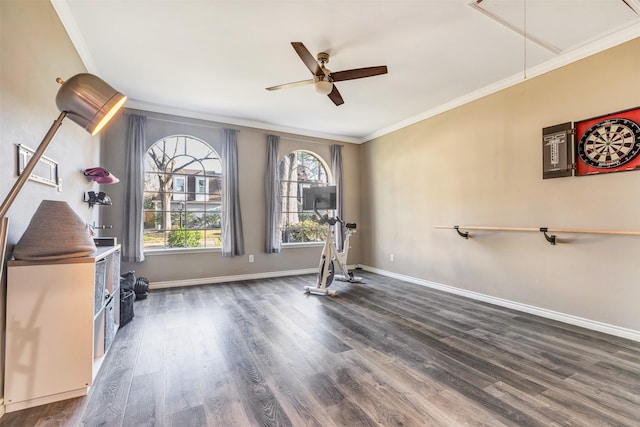 exercise area with wood finished floors, baseboards, attic access, ceiling fan, and ornamental molding