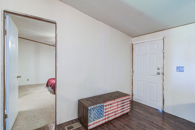 interior space with visible vents, carpet floors, and wood finished floors